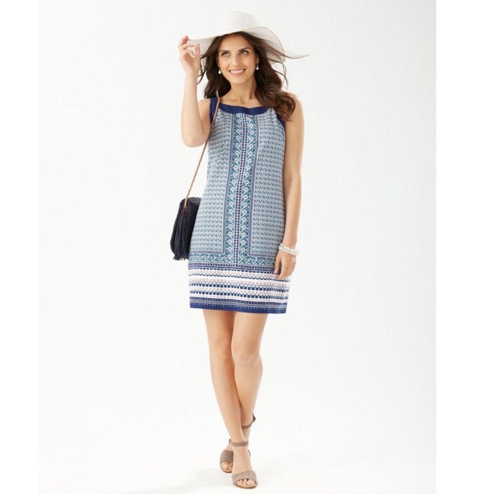 Tommy Bahama Geo Mesa Shift Sundress Sleeveless Unique‎ Neckline Size Small Blue